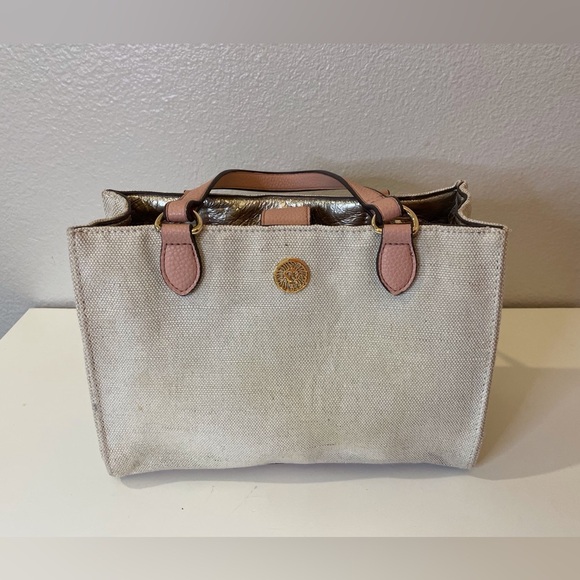 Anne Klein Women’s Tan White Canvas With Light Gold Sparkles Hand Bag‎ - Picture 1 of 9